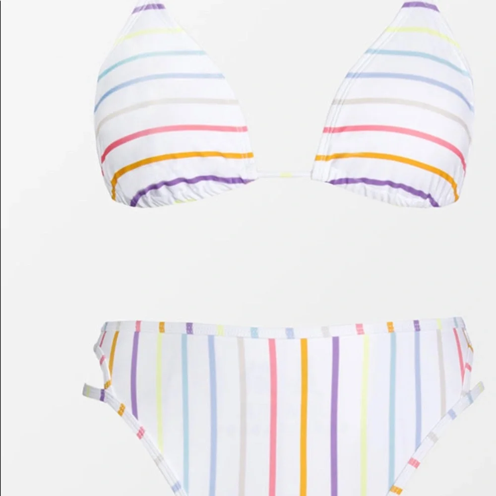 Striped White Multi Triangle Bikini Top and Bottom Set - Women Swim